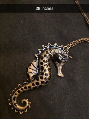 Bronze Seahorse Pendant Necklace - Black Enamel Accents